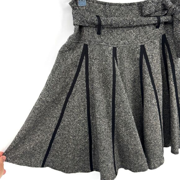 HOBBS Gray Tweed Wool Pleated Dark Academia Fit & Flare Belted Skirt Size 10 - Picture 2 of 6